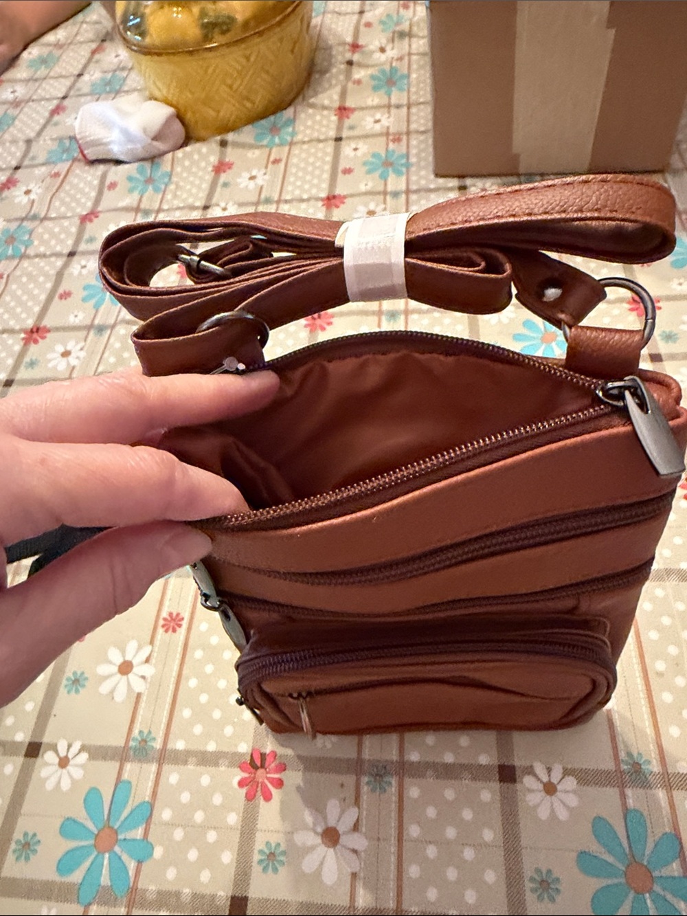Womens Crossbody Shoulder Bag in Brown - Slim Multi-Zip Travel Pouch - Picture 3 of 5